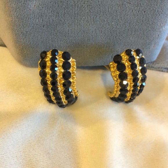 Jet Black Austrian Crystal 1/2 Hoop Earrings, Boutique - Picture 2 of 6